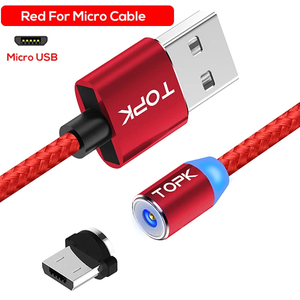 TOPK AM23 светодиодный магнитный Micro USB кабель USB C кабель для samsung Xiaomi huawei Android кабели для мобильных телефонов для iPhone X Xs Max - Цвет: Micro Cable Red