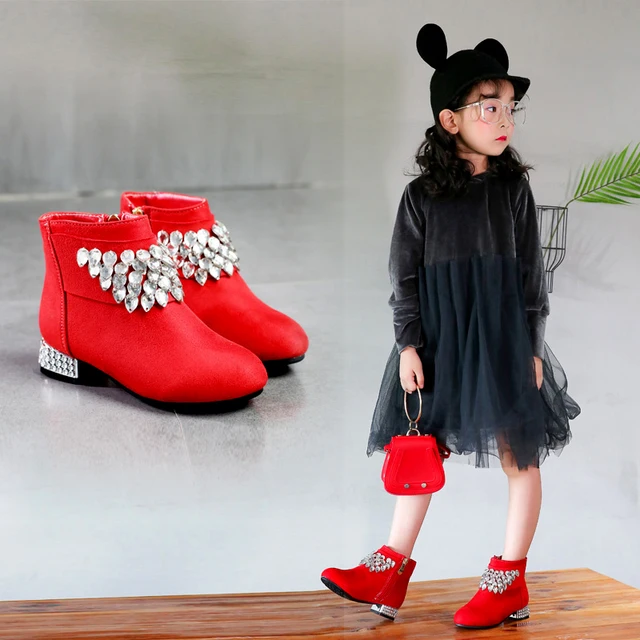 Girls boots new trend high heels princess water drill leather shoes