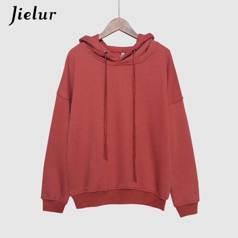 Jielur однотонные Harajuku тонкие женские свитшоты с капюшоном Kawaii черная укороченная