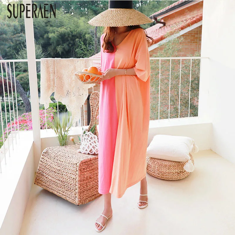

SuperAen Loose Pluz Size Dress Women V-neck Cotton Casual Fashion Casual Ladies Dress Summer New 2019 Korean Style Women Clothes