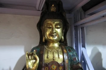 

100% Pure Bronze cloisonne 24K Gold Gild Bodhisattva Kwan-Yin Buddha Sit lotus 8.02