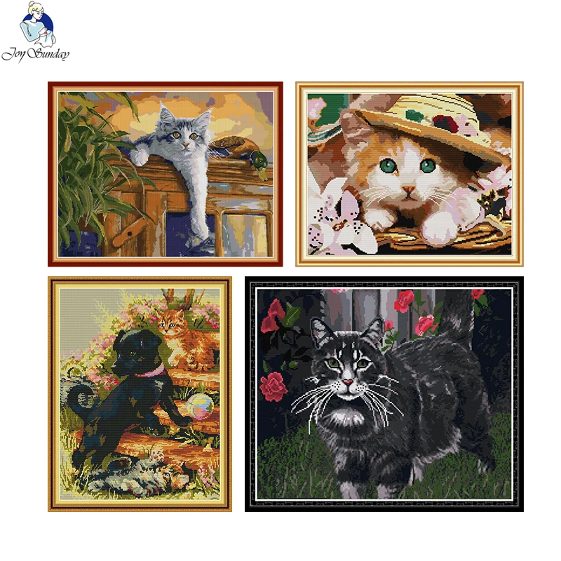 Black Dog and Cat Series Aida Fabric Cross Stitch Kit Counted Printed  Canvas Stitches DMC Cotton