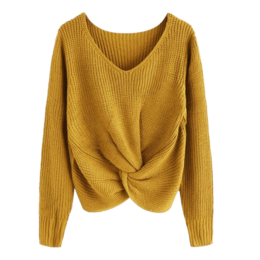 Осень, женский свитер с открытыми плечами и перекрестными узорами спереди, однотонный пуловер с длинным рукавом и v-образным вырезом, Свободный вязаный свитер, топы - Цвет: B9