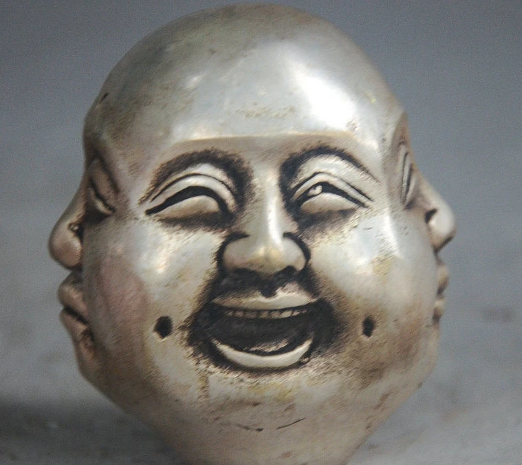 

6cm China Buddhism Silver Happy Anger Sorrow Joy Maitreya 4 Face Buddha Statue