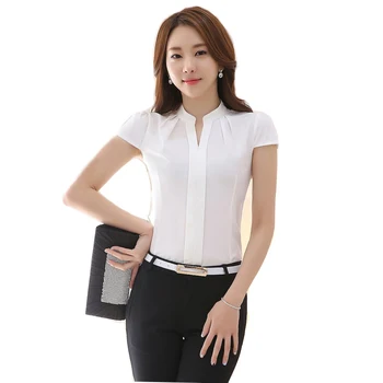 

Chiffon White Blouses Plus Size New Fashion Summer Slim Women Chiffon Shirt Elegant Solid Color Short Sleeve Women Tops