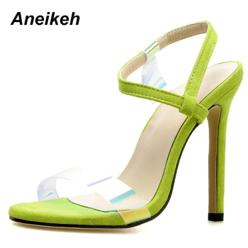 

Aneikeh 2019 New Fashion PVC Sandals Ankle Strap Cross-Strap Woman Sandals High Heels Narrow Band Slip-On Sandals Dress Pumps