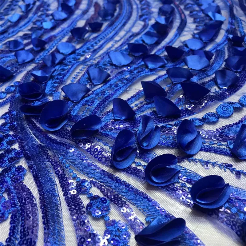 

High Quality Big Waves Pattern With Appliqued Flowers and Same Color Sequins AF244 Free Shipping Wedding Dress Tulle Lace Fabric