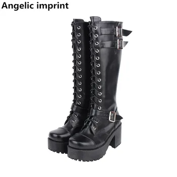 

Angelic imprint mori girl Women motorcycle punk boots lady high heels lolita shoes woman princess dress party pumps 8cm 35-40 39