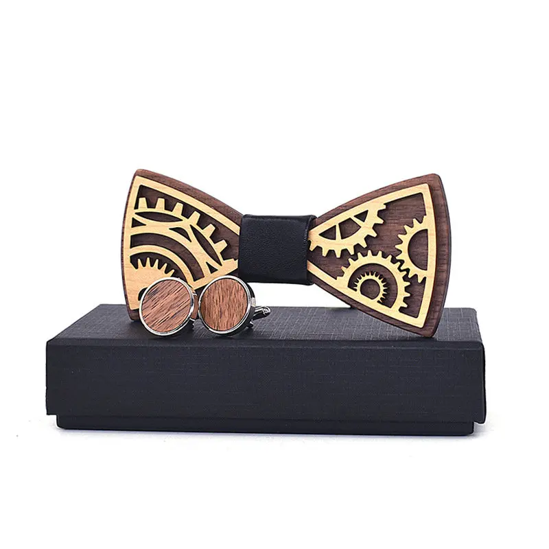 

2018 Men Striped Engrave Carved Wedding Suit Necktie Cufflink Set Wood Bow Tie Wooden Patchwork Machine Gear Bowtie Cuff Link