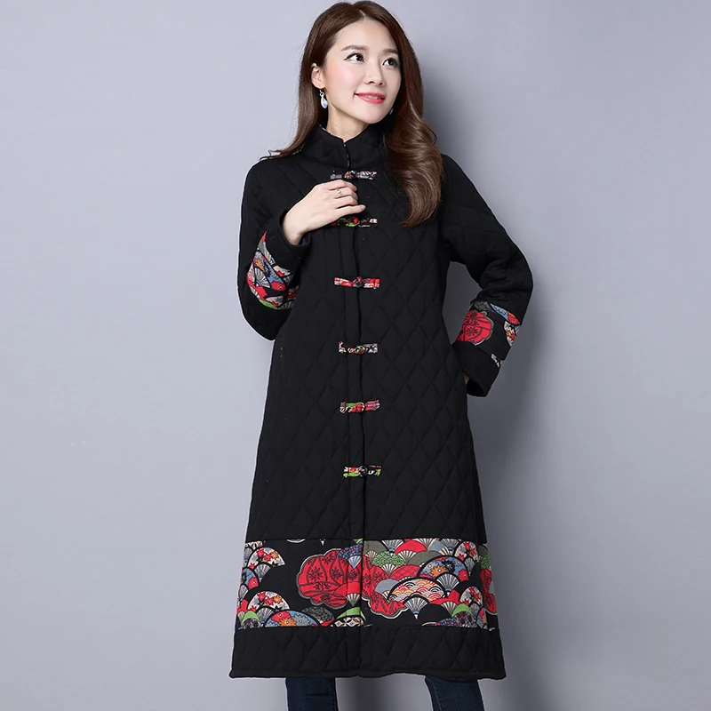 

2019 Autumn Winter Vintage Jacket Long Parka Thick Cotton Padded Lining Printing Coat Ladies Women Plus Size Parkas