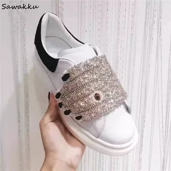 

Luxury Designer Women's Leather Sneakers Bling Bling Crystal Hook&Loop Footwear Handmade Platform White Casual Shoes Woman