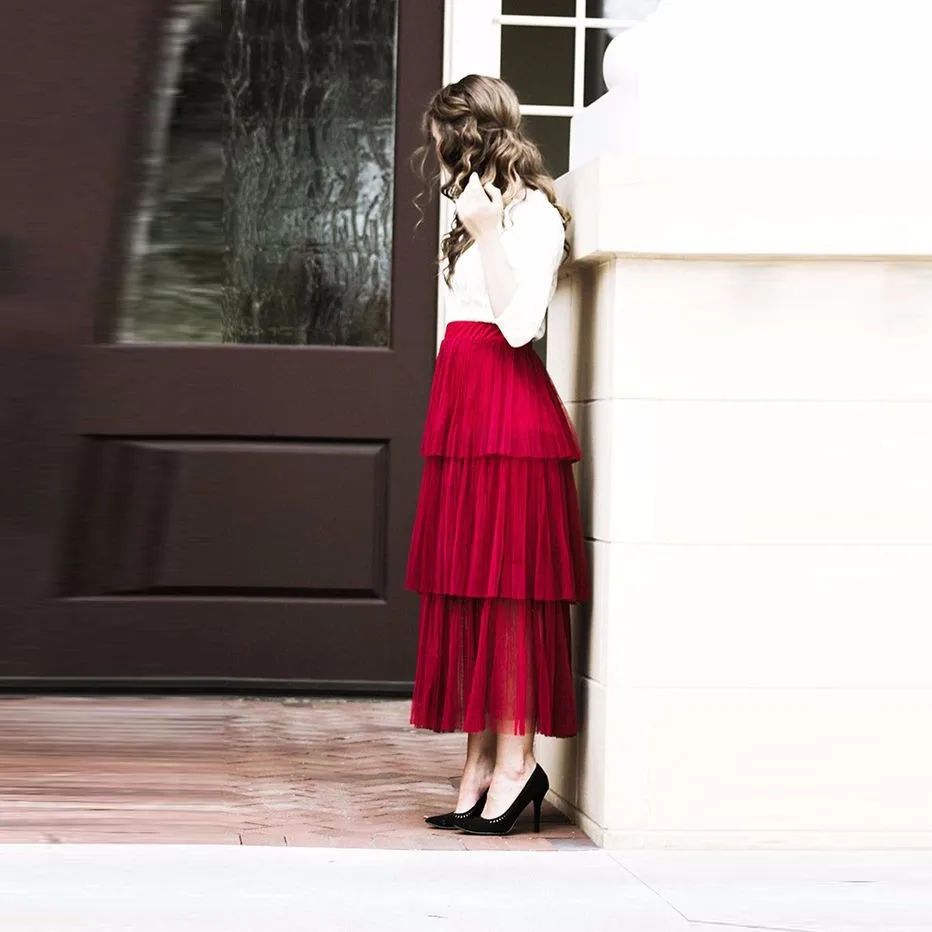 

Rose Red Tiered Ruffles Ankle Length Tulle Skirts For Women Fashion Female Adult Skirt Elastic Custom Made 2018 Faldas Mujer
