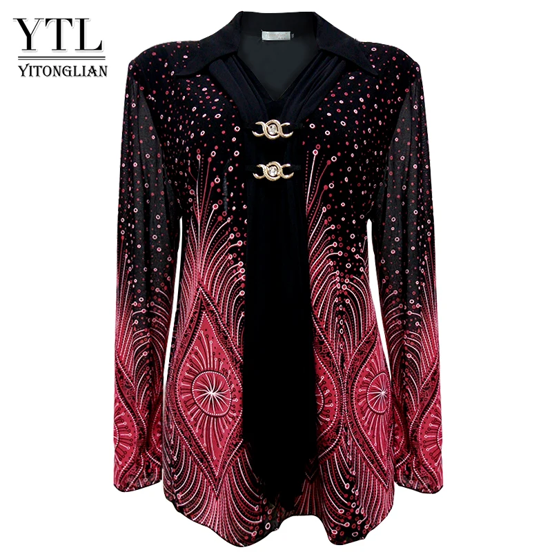 

YTL Turn Down Collar Ladies Plus Size Shirt Flare Sleeve Print Blouses Women Big Sizes Winter Diamonds Brooch Vintage Tops H033