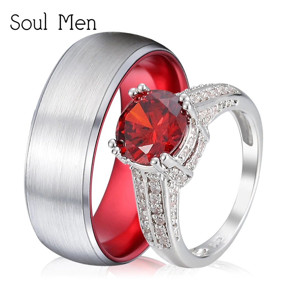 

Soul Men Romantic Wedding Rings Set For Lover 8mm Silver Color Mens Tungsten Couple Rings Luxury Big Red CZ Stone Ring for Women