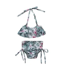 Miehuida, милый комплект бикини, детский купальник для девочек, Зеленый лист, пляжная одежда, повязка на шее, купальник, одежда для малышей, купальный костюм принцессы