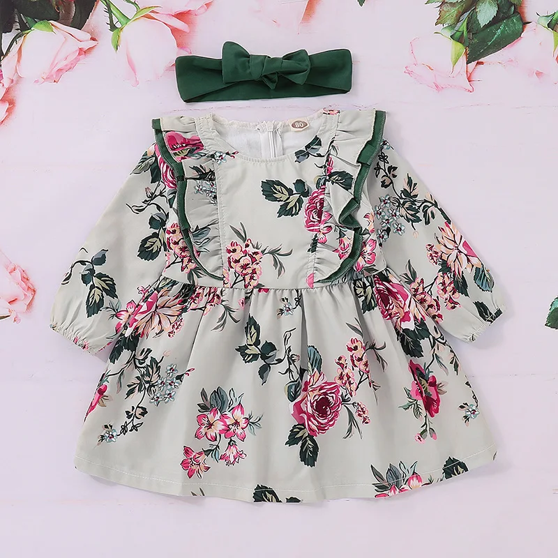 

Spring Autumn 2Pcs Baby Girls Dress Sets Kids Floral Pattern Dresses Casual Long Sleeve Tutu Sundress+Headband