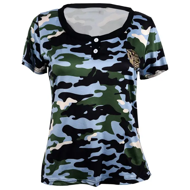 Women Sexy Camouflage Print Short Sleeve O Neck T Shirt Tee Shirt