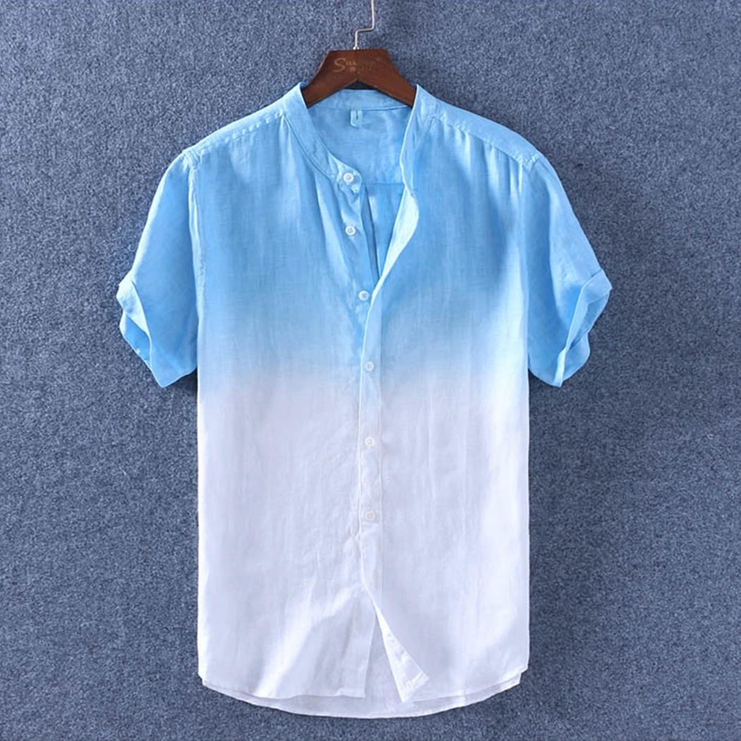 Мужские повседневные пляжные рубашки с коротким рукавом летние хлопковые рубашки с градиентными пуговицами мужские рубашки для отдыха облегающие рубашки Chemise Homme