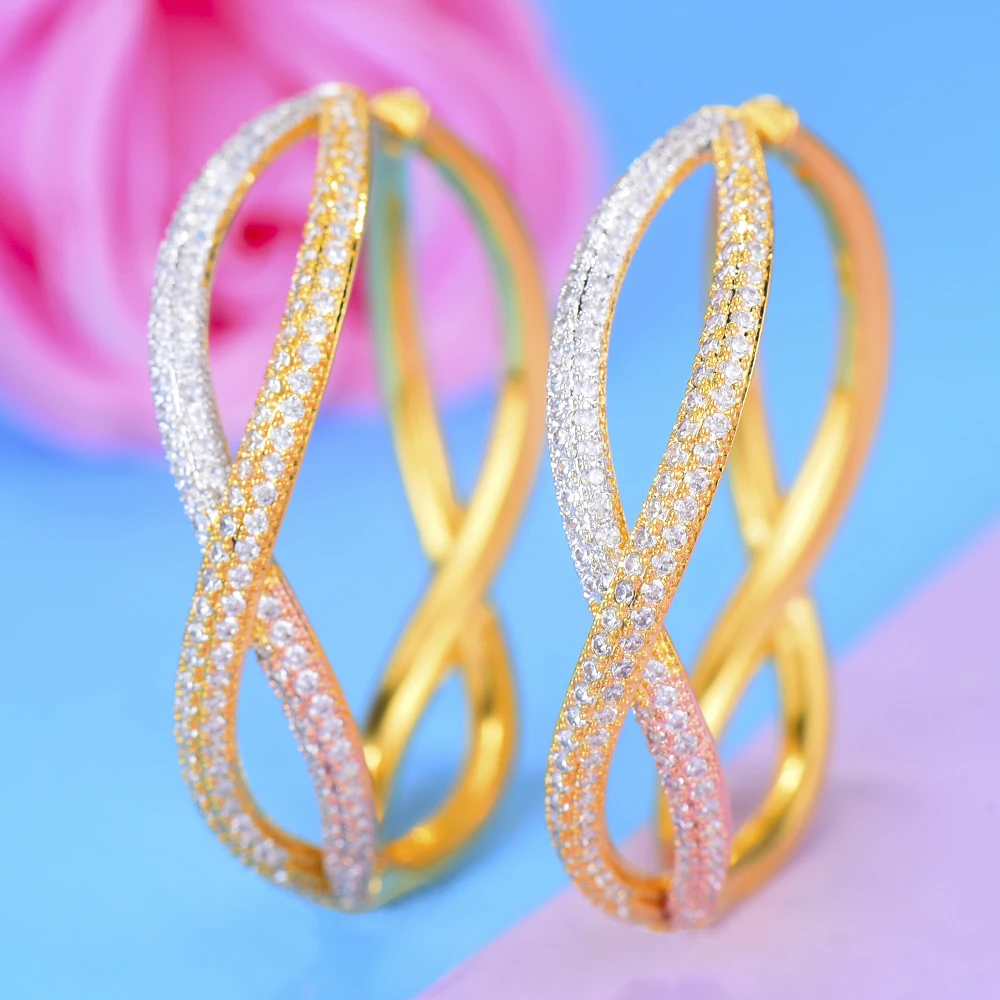 

GODKI 44MM Luxury 3 Tone Geometry Cubic Zircon CZ Statement Big Hoop Earrings For Women Wedding DUBAI Bridal Hoop Earring 2019