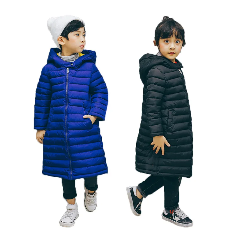 

2019 New Boys Girls Autumn Winter Warm Long Coat Kids School Hooded Jacket Kids Fashion Cotton Down Solid Color Winter Clothes