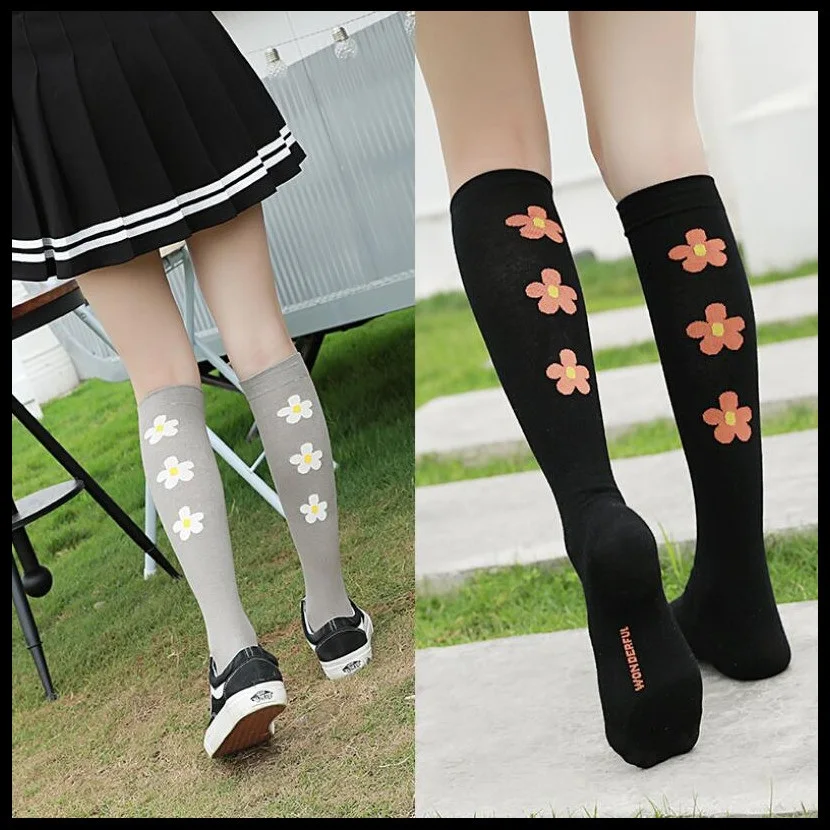 

1 Pair New Fashion Cute Women's Style Casual Cotton High Socks Women Breathable Knee High Socks Floral Stockings 34-41