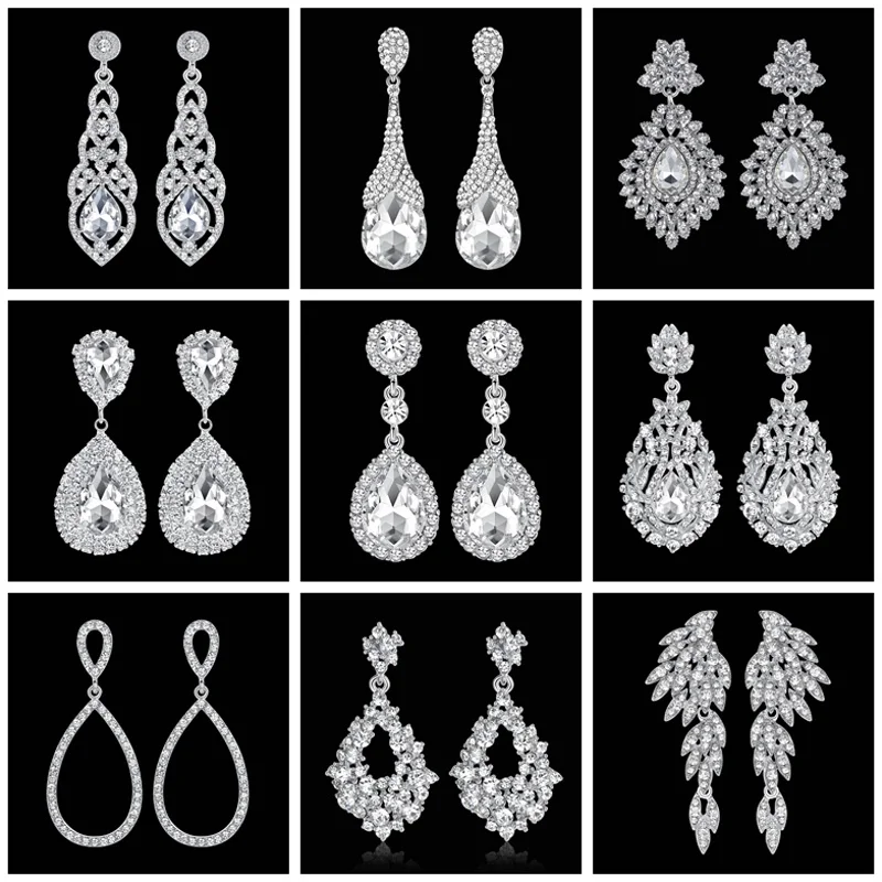Mecresh Crystal Wedding Drop Earrings for Women Silver Black Gold Color Korean Bridal Dangle Earring 2018 Fashion Jewelry EH444