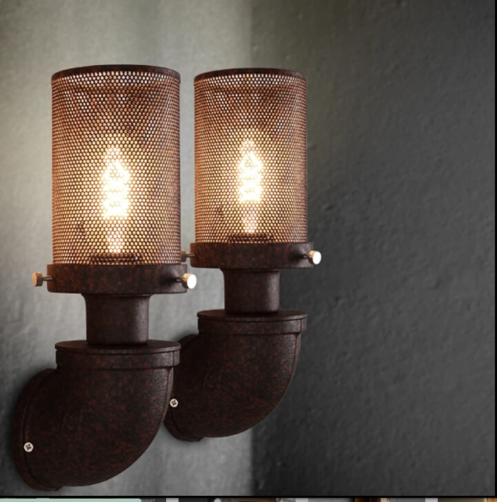 Nordico retro roest broen led wandlamp landelijke smeedijzeren pipes lampenkap blaker slaapkamer interieur loft armaturen apliques pared|iron pipeled wall lamp -