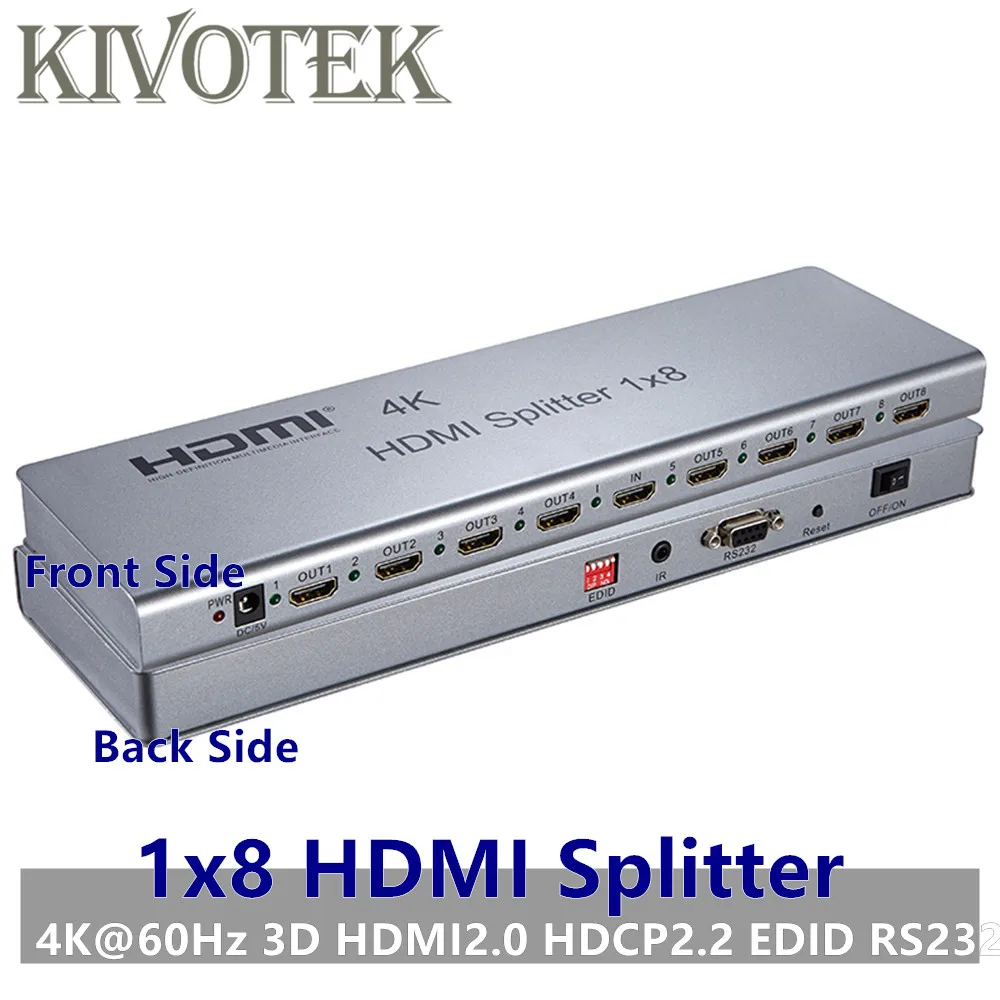 

KIVOTEK 4K/60Hz HDMI Splitter 1x8,Split 1-In 8-Out HDMI Connector,Male to Male Adapter,Full 1080p,3D EDID/RS232 Control For HDTV