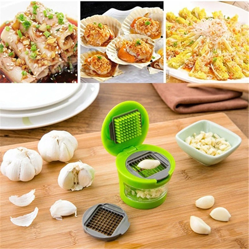 

Newly arrival Garlic Press Very Sharp Stainless Steel Blades Inbuilt Clear Plastic Tray Green Hand Presser Chopper Slicer Tool