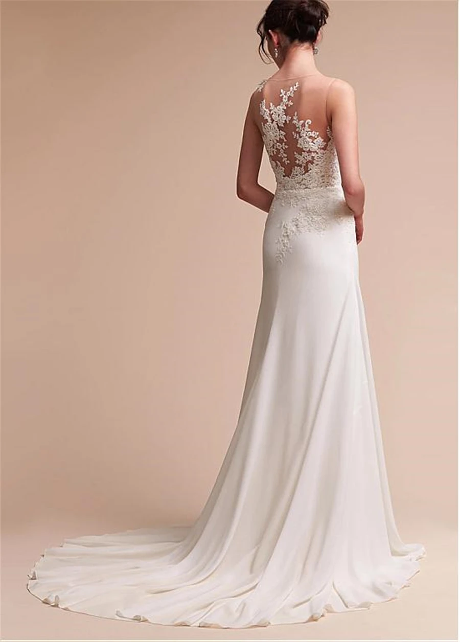 Fantastic Jewel Neckline Sheath/Column Wedding Dress With Beaded Lace Appliques Beading Sash Long Bridal Dress