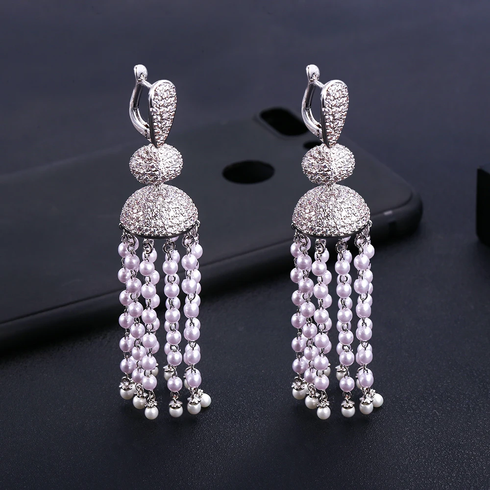 

JANKELLY Luxury Imitation Pearls Tassels Long Dangle Earrings For Women Wedding Cubic Zircon Dubai Bridal Silver Drop Earrings