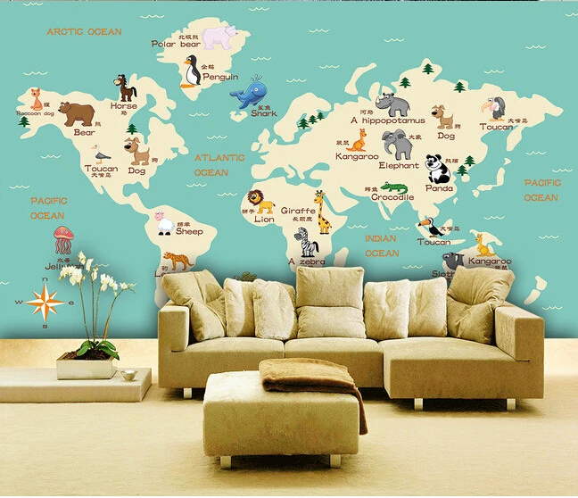 

Custom papel DE parede infantil, animal world map murals for children room bedroom sitting room background wallpaper