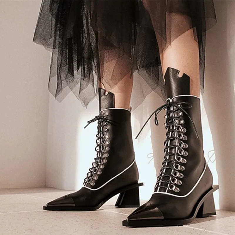 

Punk Girl Metal Toe Motorcycle Boots Western Hoof Heel Cowboy Black Leather Boots Lace Up Mid-calf Long Boots Winter Shoes Women