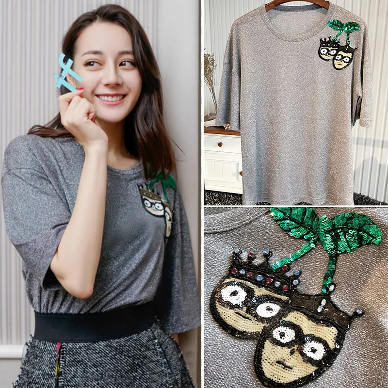 

Dilraba Star with Grey Silver Head Cartoon Embroidered Round Collar Short-sleeved Woman 2019 New Style O-Neck T- Shirt Women