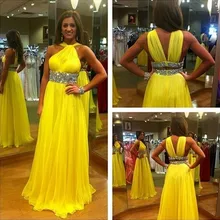 Neue 2016 Gelb Chiffon Lange Prom Kleider Neckholder Perlen Bodenlangen Abendgesellschaft Kleider