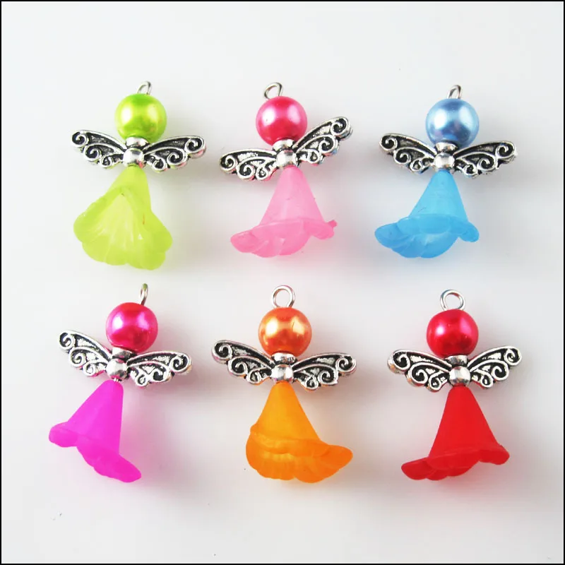 

6Pcs Mixed Glass Dancing Angel Wings Flowers Charms Pendants 22x29mm
