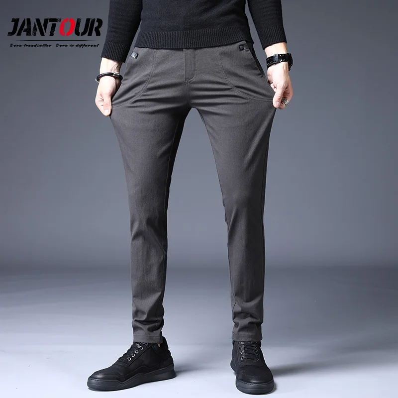 Jantour осень зима высококачественные мужские штаны из хлопка прямые длинные мужские классические повседневные деловые Брюки Полная Мода длина средняя - Цвет: gray
