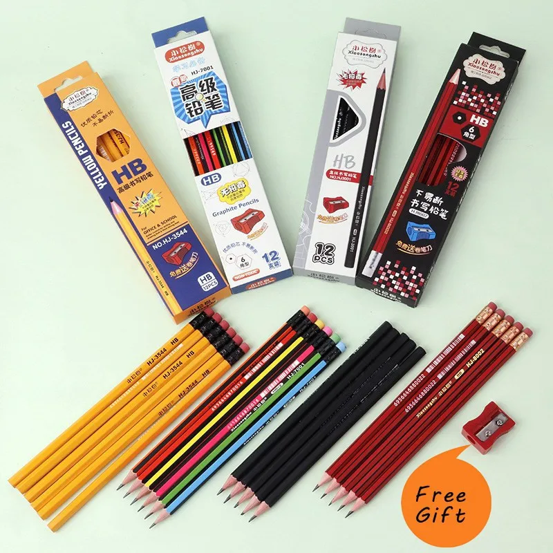 

12Pcs/lots Standard Black HB Pencils With Eraser For Drawing writing Lapices Stationery Office School Supplies Wholesale