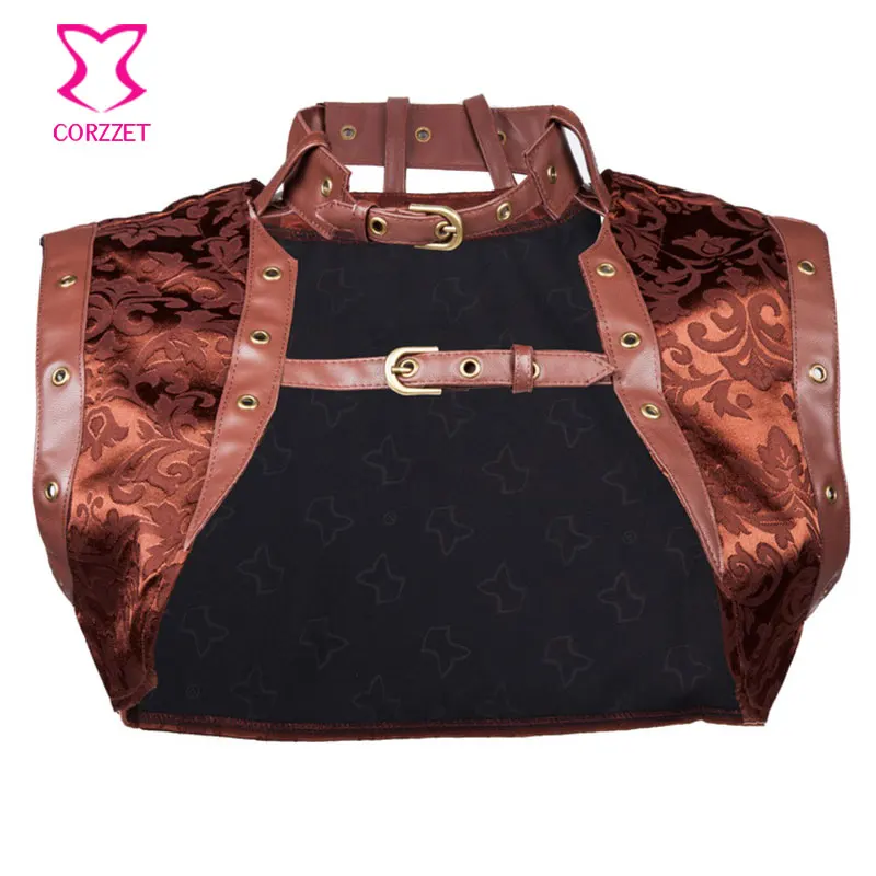 

Brown Sexy Brocade and Faux Leather Steampunk Corset Women Jacket Plus Size Gothic Clothing Burlesque Costume Accessories