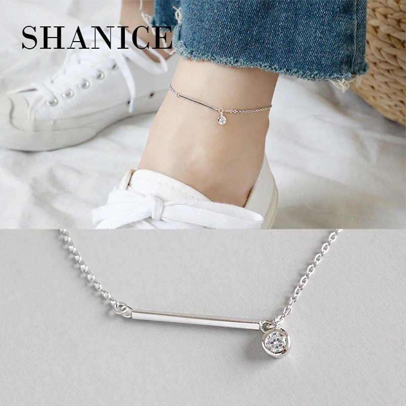 

SHANICE Geometric Long Bar Design 925 Sterling Silver Anklets for Women AAA CZ Beach CZ Crystal Foot Chain Jewelry Wholesale