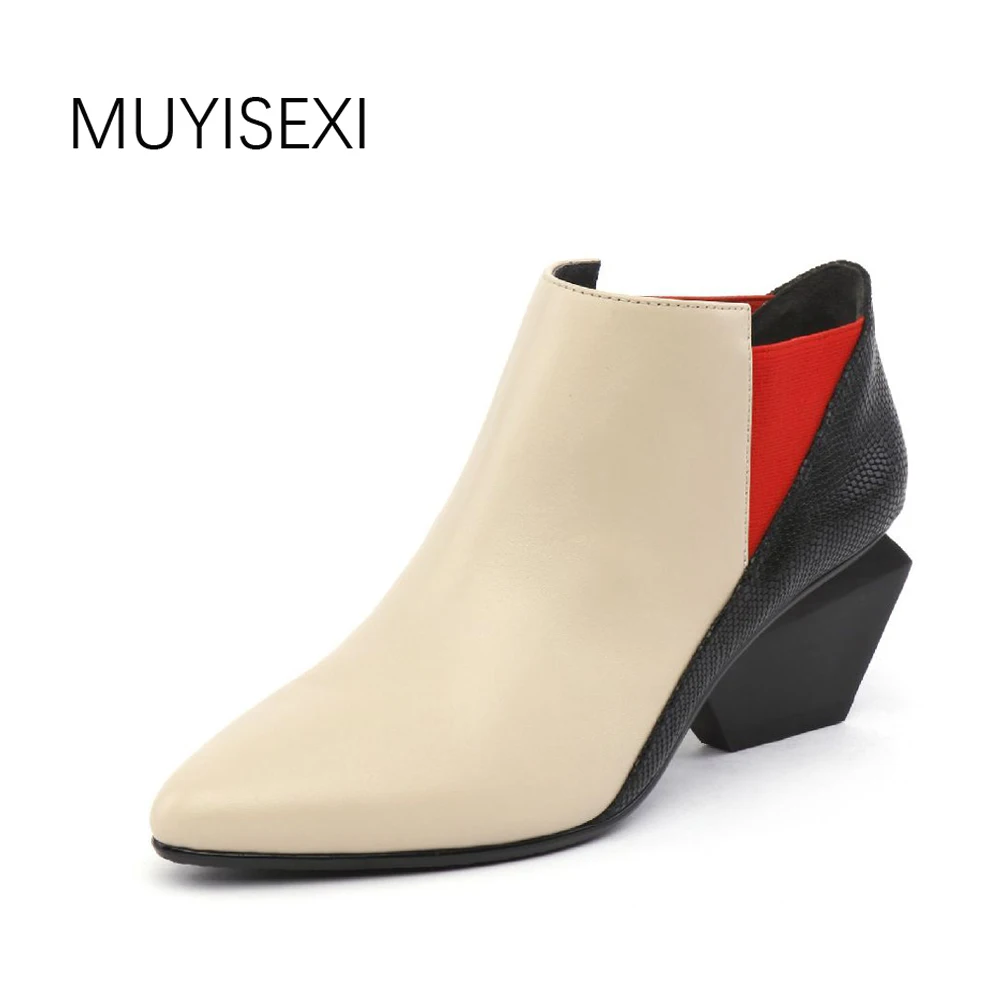 

Clear stock! Ankle Boots Pointed Toe Genuine Leather Women Autumn Boots Chunky Heel Ankle Boots Black Apricot MUYISEXI