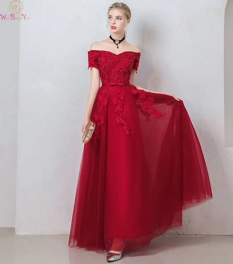 

Boat Neck Deep Red Prom Gown With Sashes Lace Up Women Long Tulle A Line Elegant High Quality Formal Party Evening Dresses 2019