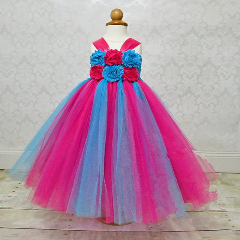 Длинное платье-пачка цвета радуги платье с фатиновой юбкой «кроше» для маленьких девочек бальное платье с потертыми цветами, детские костюмы для свадебной вечеринки, платье - Цвет: 2