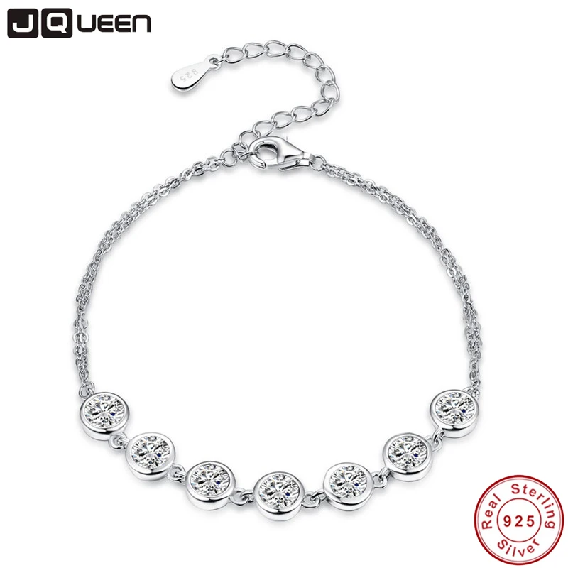

JQUEEN 7pcs White Gems Solid 925 Sterling Silver Link Bracelet for women Round Gemstone Fine Jewelry 7.99inch