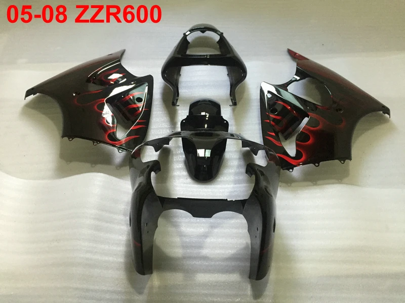 Комплект обтекателей для Kawasaki Ninja ZZR600 05-08 красное пламя черный литье под