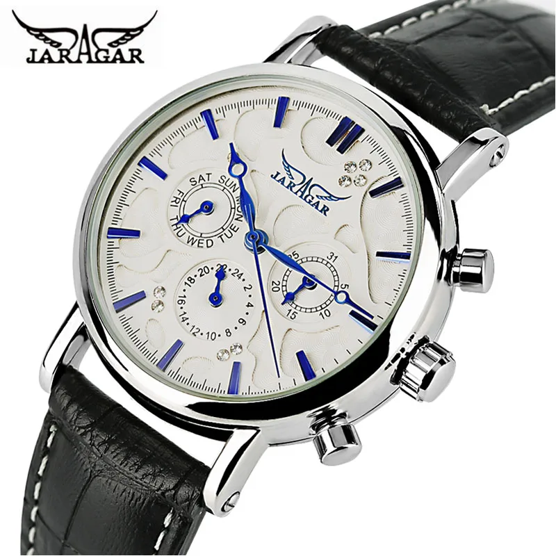 Prix JARAGAR Automatique Montre Mécanique Hommes Bande de Cuir Véritable Jour Date Femmes Montres Moderne Analogique Horloge 2019 Nouvelle Robe Meilleurs Cadeaux