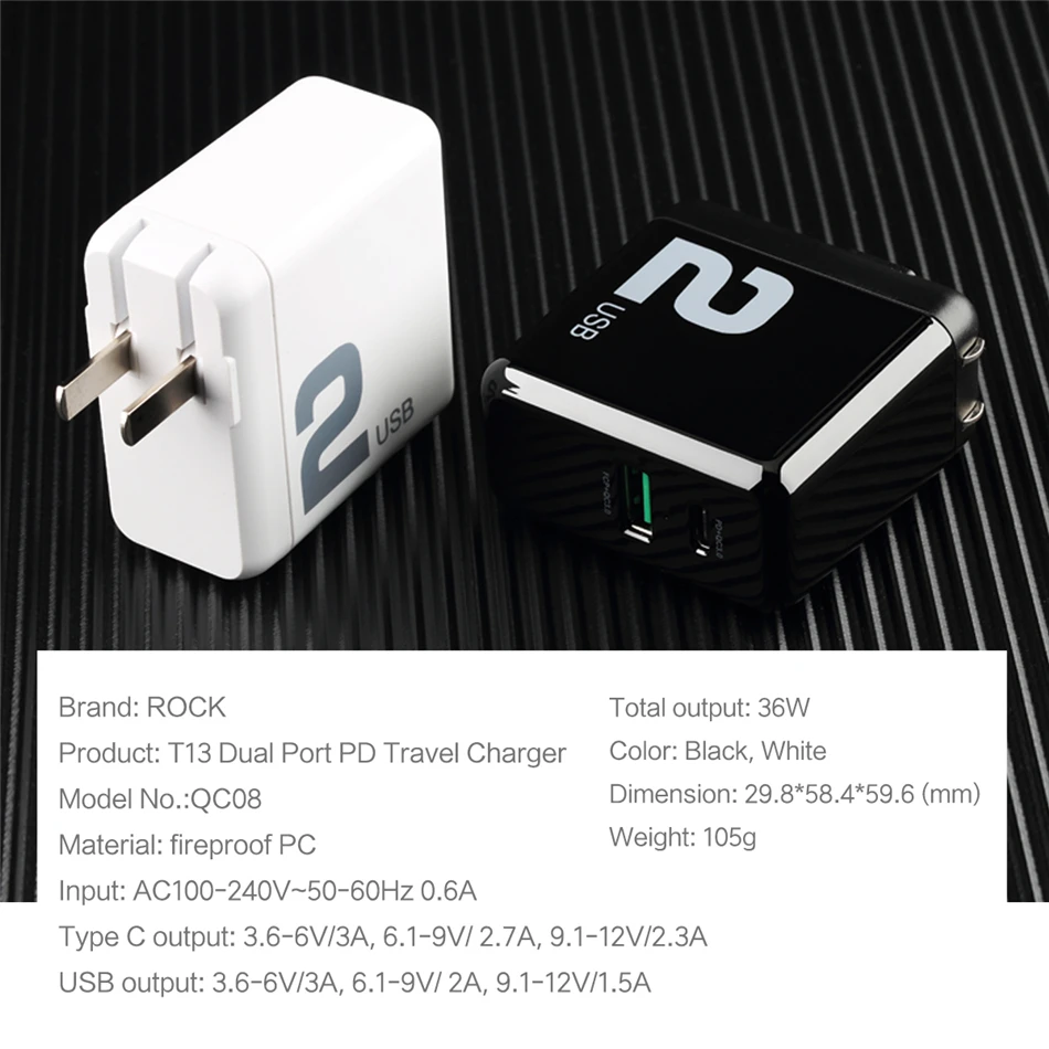 ROCK type-C PD USB зарядное устройство для мобильного телефона для iPhone X 8 Plus адаптер 36 Вт Быстрое настенное зарядное устройство 2 порта 3A Max PD зарядное устройство для Macbook