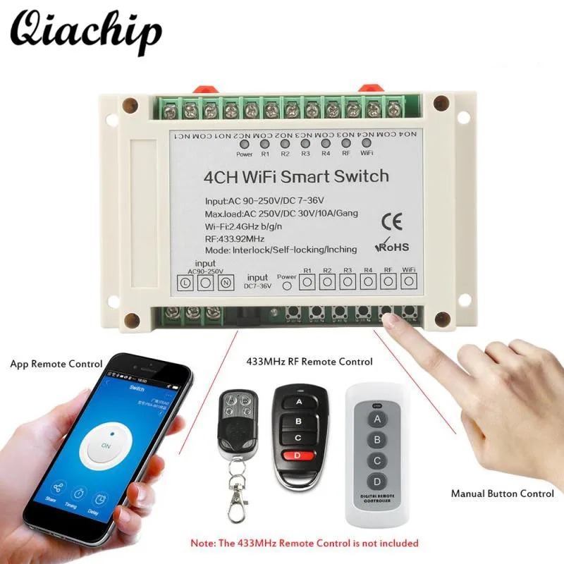 

QIACHIP 433Mhz 4CH Wireless Control WIFI Smart Switch Home Light Module App Control Home 10A 2200W Z50