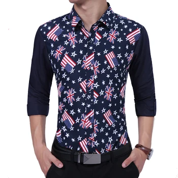 

Brand 2018 Fashion Male Shirt Long-Sleeves High Quality Cotton Flag Printing Casual Shirt Mens Dress Shirts Slim Men Shirt XXL