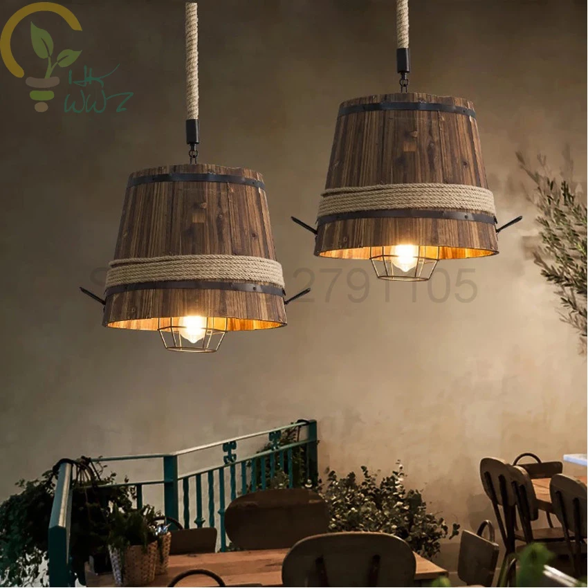 

American Style Wooden Bucket Retro Pendant Light for Bar Cafe Restaurant,Industrial Wind Hemp Rope Decorate E27 Hanging Lamp